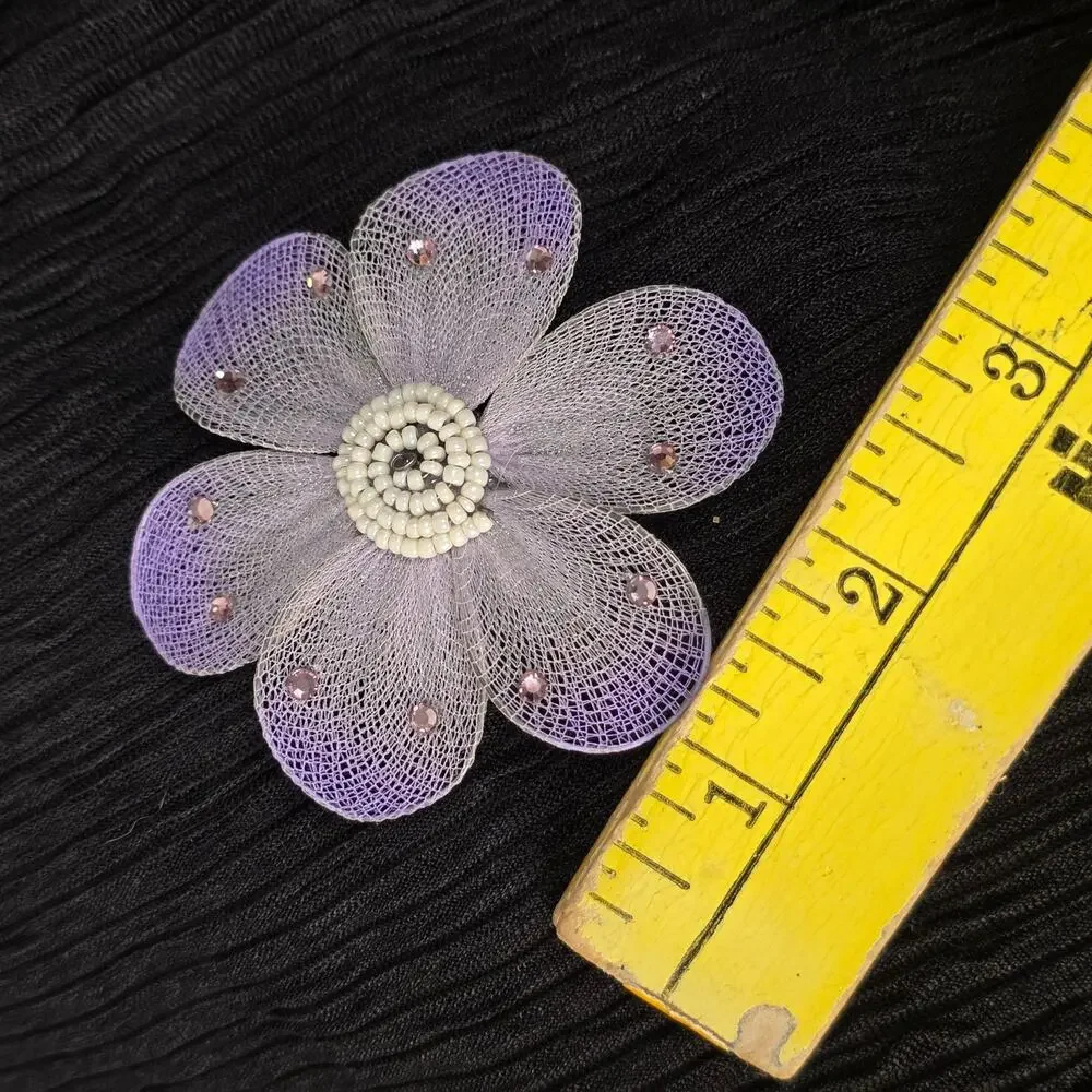 Lavender Mesh Flower Brooch Rhinestone Beaded Statement Pin